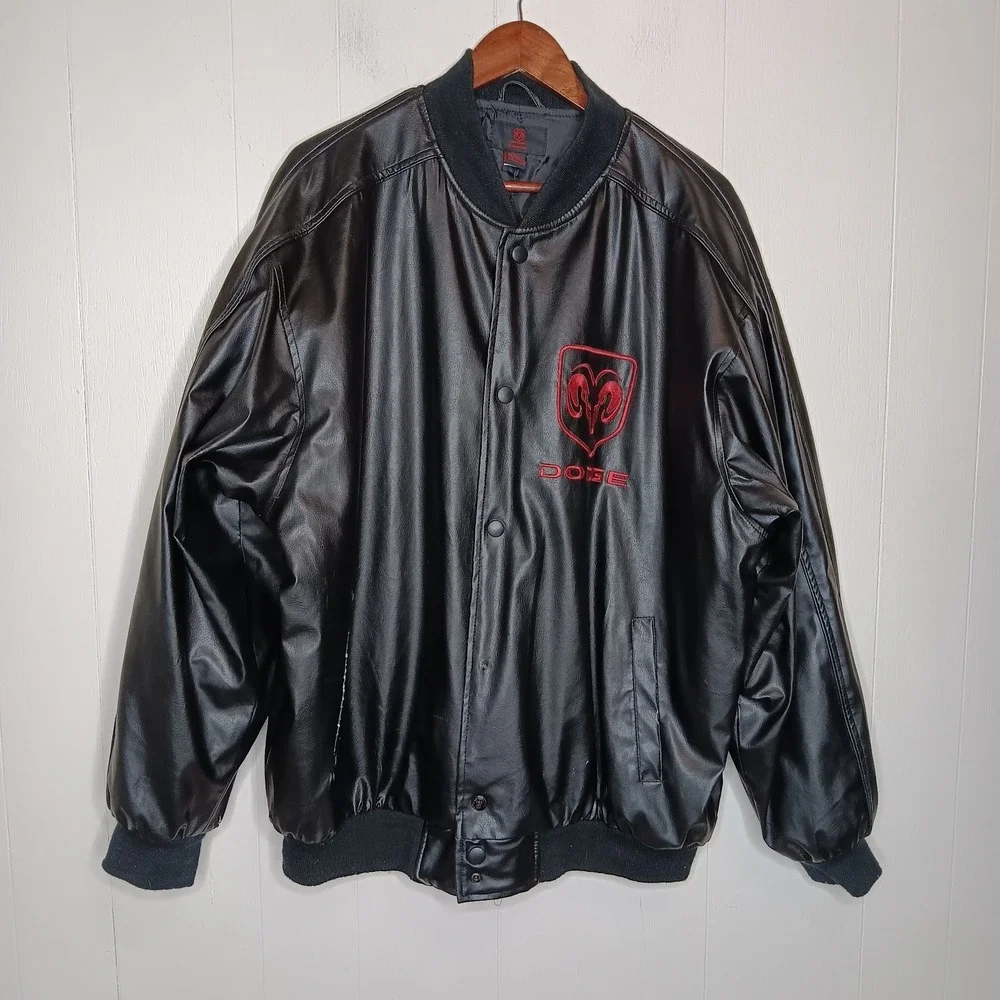 VTG Y2K Dodge Ram Faux Leather Bomber Jacket XL Black Red Embroidered Streetwear